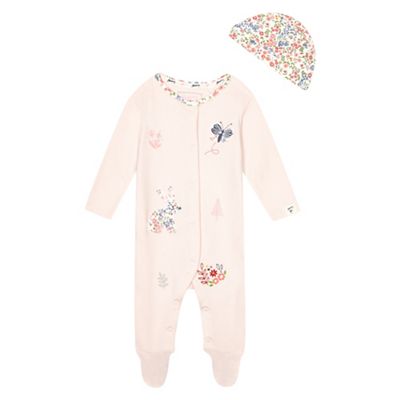 Baby girls' pink applique sleepsuit with a hat